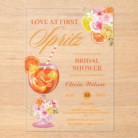 ラブアットファーストスピリッツフローラカクテルブライダルシャワー アクリル招待状 (正面)