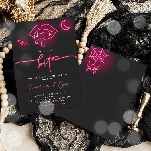 ラブアットファースト一口ネオンハロウィンカップルのシャワー 招待状