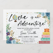 ラブアドベンチャースーツケースブルーフローラブライダルシャワー 招待状 (正面/裏面)
