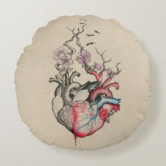 ラブアートサーレアル解剖学的ハート花ヴィンテージ ラウンドクッション (正面)