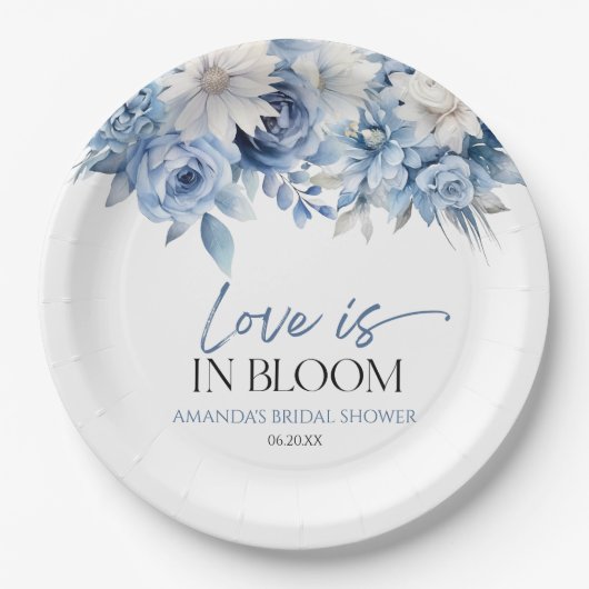 ラブイズイン開花ダスティブルーフローラブライダルシャワー ペーパープレート (正面)
