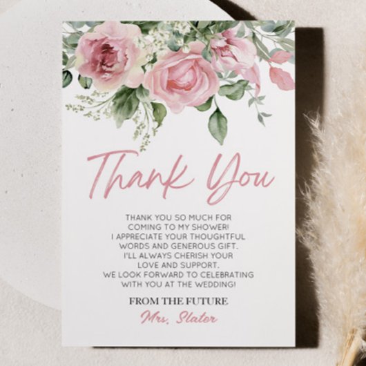 ラブイズイン開花ピンクローズフローラブライダルシャワー サンキューカード