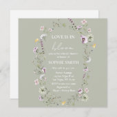 ラブイズイン開花ブライダルシャワーセージグリーンスクエア 招待状 (正面/裏面)