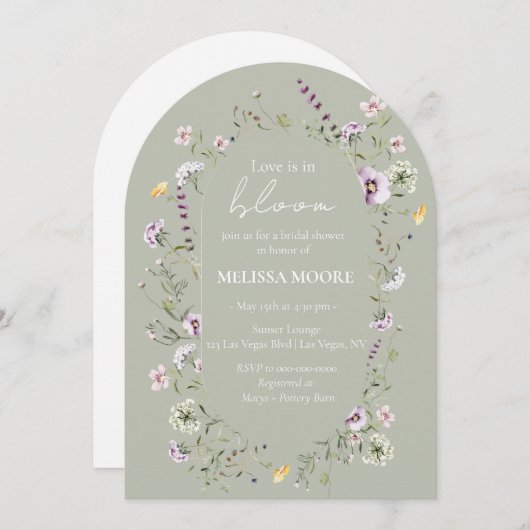 ラブイズイン開花ブライダルシャワーセージ緑アーチ 招待状 (正面/裏面)