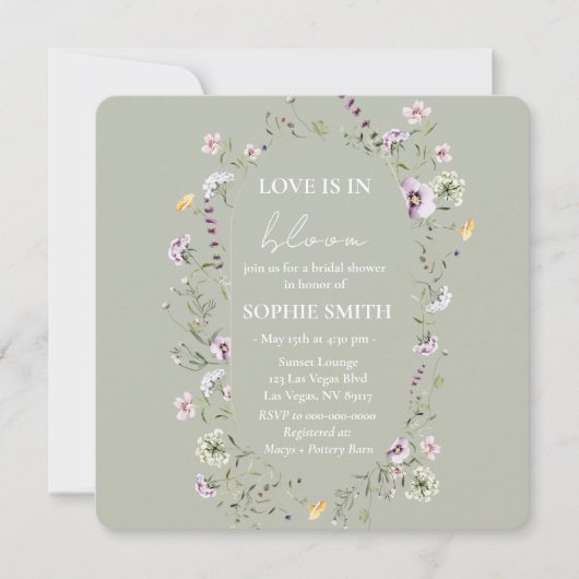 ラブイズイン開花ブライダルシャワーセージ緑 招待状 (正面)