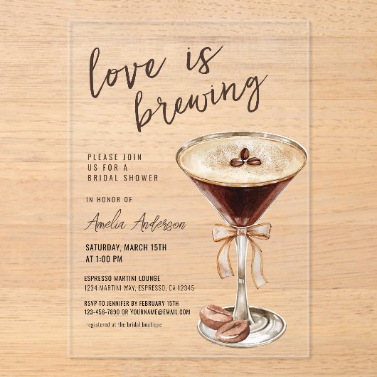 ラブイズブルーイングエスプレッソマルティーニブライダルシャワー アクリル招待状 (正面)