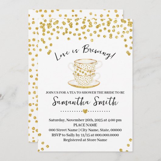 ラブイズブルーイングティーシャワー金ゴールドグリッター招待状 シーズンカード (正面/裏面)