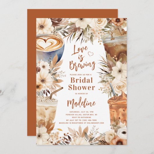 ラブイズブルーイングフローラコーヒーブライダルシャワー 招待状 (正面/裏面)