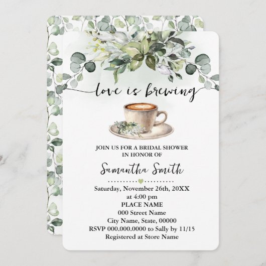 ラブイズブルーイングブライダルシャワーコーヒーユーカリ 招待状 (正面/裏面)