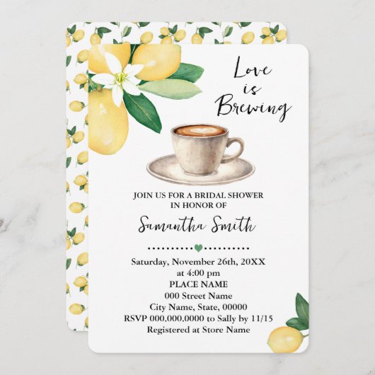 ラブイズブルーイングブライダルシャワーコーヒーレモン 招待状 (正面/裏面)