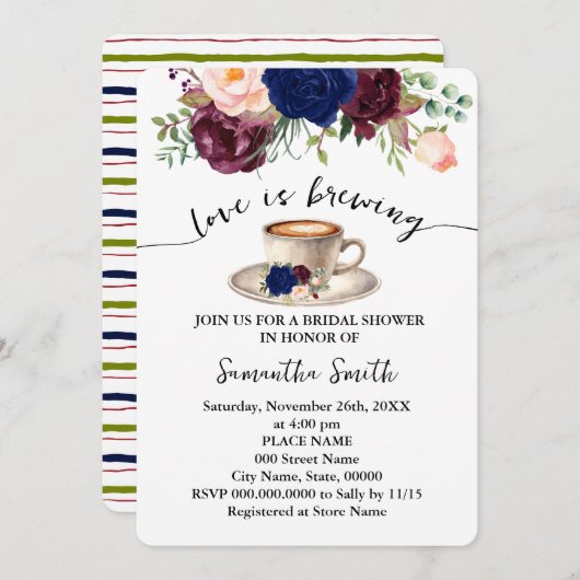 ラブイズブルーイングブルーブライダルシャワーコーヒーパーティー 招待状 (正面/裏面)