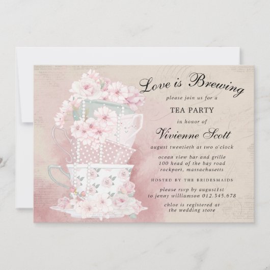 ラブイズブルーイングヴィンテージティーカップブライダルシャワー 招待状 (正面)