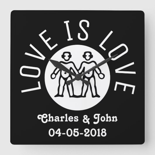 ラブイズラブタイポグラフィゲイプライドLGBT白黒 スクエア壁時計 (正面)