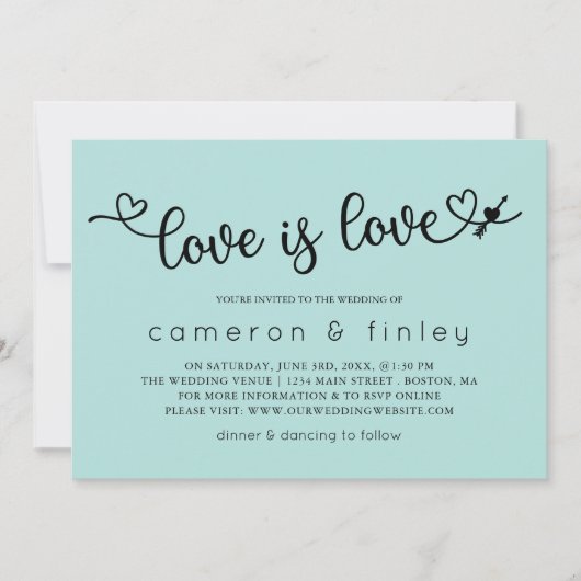ラブイズラブターコイズゲイまたはレズ結婚ビアン 招待状 (正面)