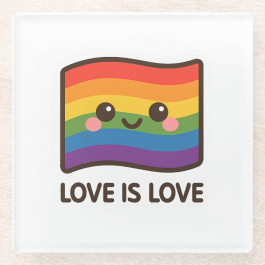 ラブイズラブ – かわいいレインボーデザイン ガラスコースター (正面)