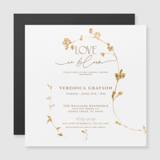 ラブインエレガント開花金ゴールドフローラブライダルシャワー マグネット招待状 (正面/裏面)