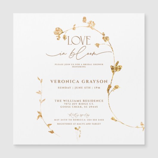 ラブインエレガント開花金ゴールドフローラブライダルシャワー マグネット招待状 (正面)