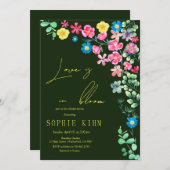 ラブイン開花ダークグリーンフローラブライダルシャワー 招待状 (正面/裏面)