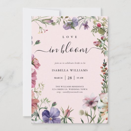 ラブイン開花ピンクフローラブライダルシャワー招待 招待状 (正面)
