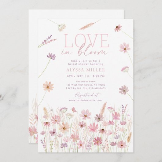 ラブイン開花ピンクワイルドフラワーズブライダルシャワー 招待状 (正面/裏面)
