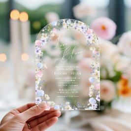 ラブイン開花フローラピンクパープルブライダルシャワー アクリル招待状