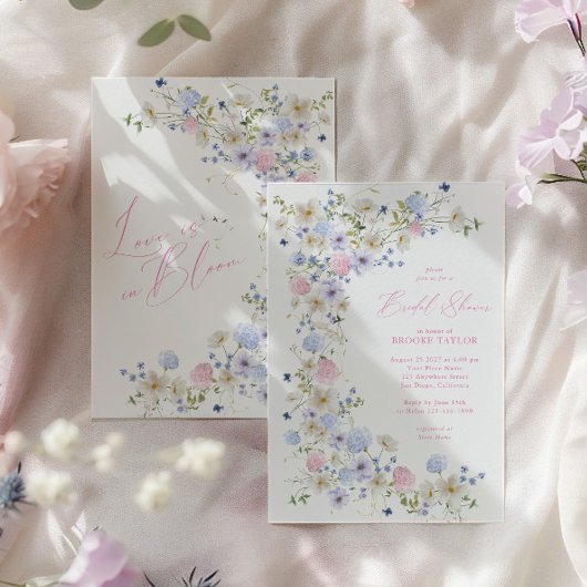 ラブイン開花フローラピンクパープルブライダルシャワー 招待状