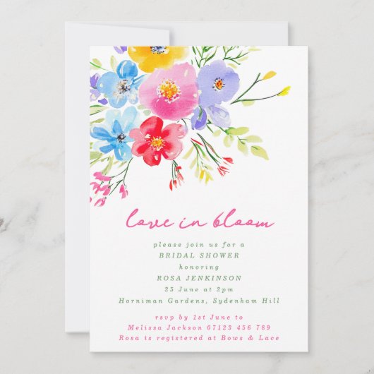 ラブイン開花ブライト&はっきりした花模様ブライダルシャワー 招待状 (正面)