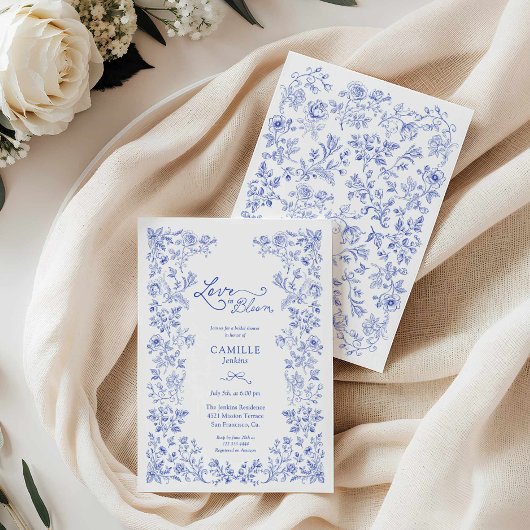 ラブイン開花ブルーフローラブライダルシャワー招待 招待状