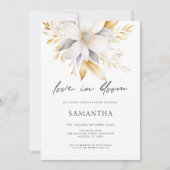 ラブイン開花ホワイト金ゴールド花模様ブライダルシャワー 招待状 (正面)