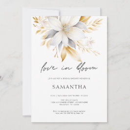 ラブイン開花ホワイト金ゴールド花模様ブライダルシャワー 招待状