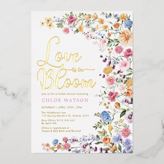 ラブイン開花ワイルドフラワーメドウブライダルシャワー 箔招待状 (正面)