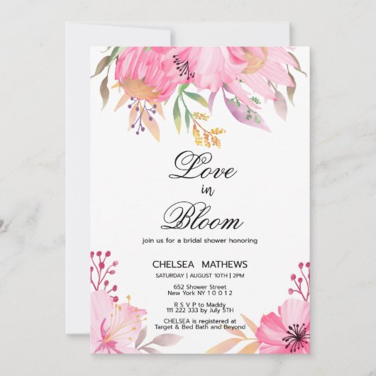 ラブイン開花植物性ピンクの花ブライダルシャワー 招待状 (正面)