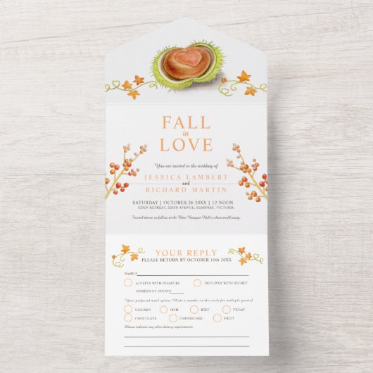 ラブウォーターカラーコンカーハート秋の秋 オールインワン招待状 (内側)