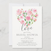 ラブウォーターカラーピンクフローラハートブライダルシャワー 招待状 (正面)