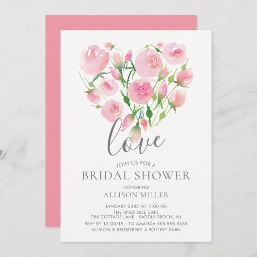 ラブウォーターカラーピンクフローラハートブライダルシャワー 招待状 (正面/裏面)
