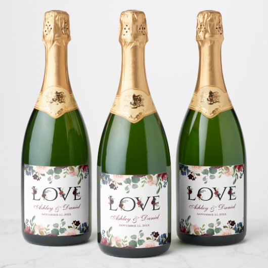 ラブウォーターカラーブルガンディーブルーフローラ結婚ズ スパークリングワインラベル (ボトル)