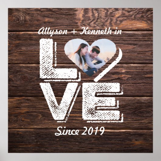 ラブウッドラ素朴ンド写真ハートフレームモノグラム ポスター (正面)