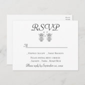 ラブオウルRSVPブラック&ホワイトフォークアートウェディングパーティー インビテーションポストカード (正面/裏面)