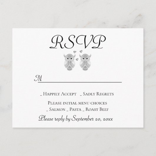 ラブオウルRSVPブラック&ホワイトフォークアートウェディングパーティー インビテーションポストカード (正面)