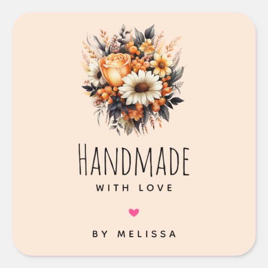 ラブオレンジ色の黄色い花束で手作り スクエアシール (正面)