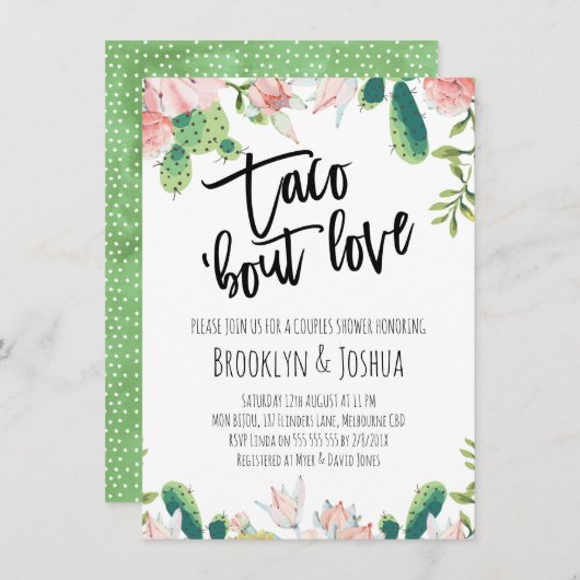 ラブカップルシャワーのサボテンピンクタコ 招待状 (正面/裏面)