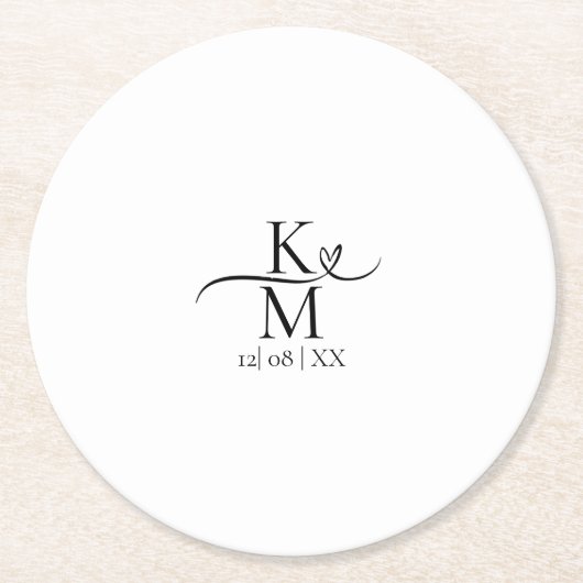 ラブカリフイニシャルハートブラックB&W ID940 ラウンドペーパーコースター (正面)