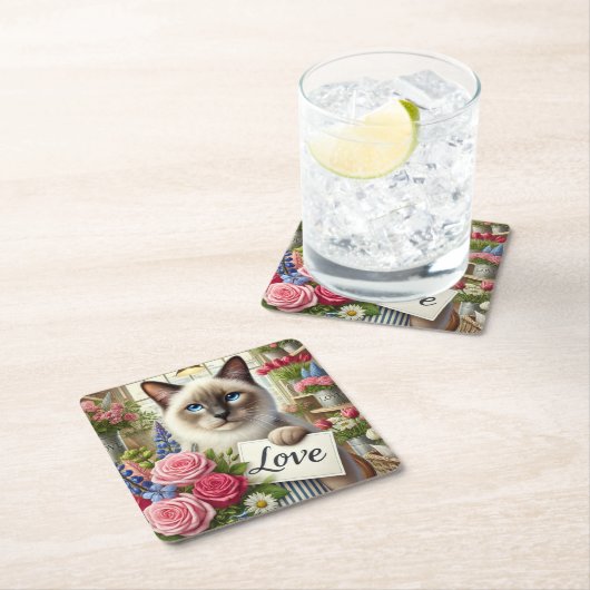 ラブカード付きキャットフローリスト スクエアペーパーコースター (インサイチュ)
