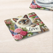 ラブカード付きキャットフローリスト スクエアペーパーコースター (アングル)