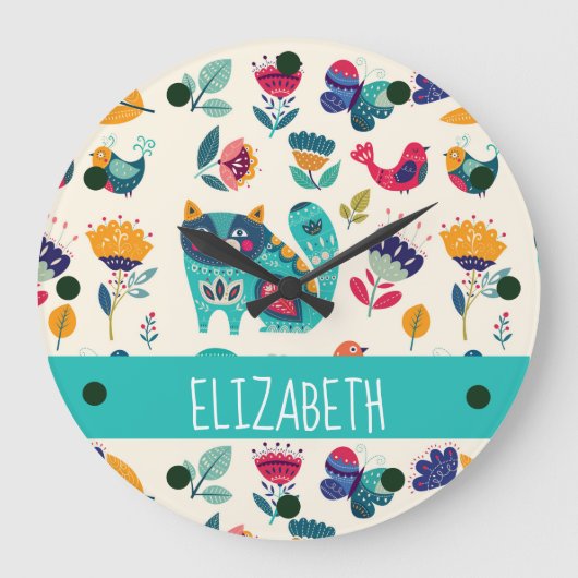 ラブキャッツスカンジナビアフォークアートガールズデコール ラージ壁時計 (正面)