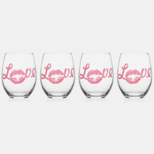 ラブグリッターピンクリップスティックキス ステムなしワイングラス