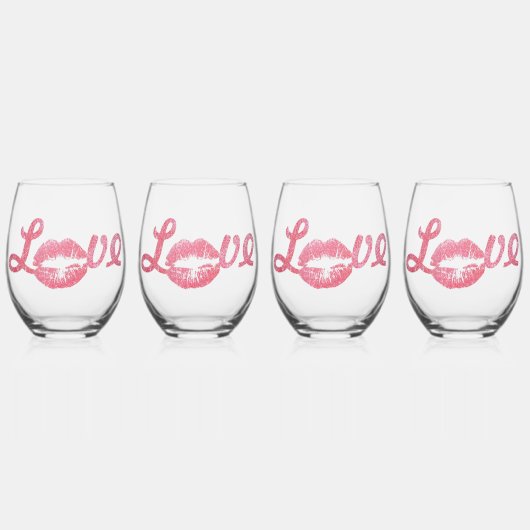 ラブグリッターピンクリップスティックキス ステムなしワイングラス (正面)