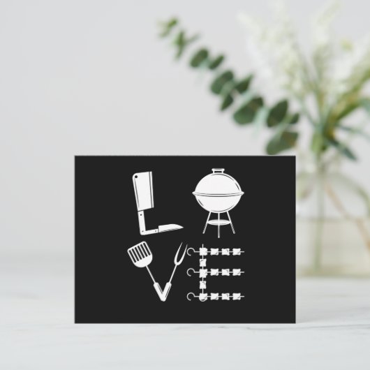 ラブグリルステーキBBQバーベキューグリルシェフギフト ポストカード (スタンド正面)