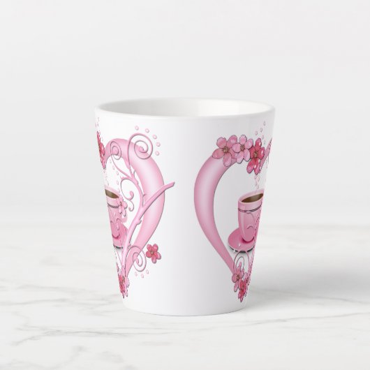 ラブコーヒーピンクの花ハート カフェラテマグ (正面)
