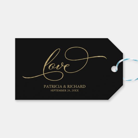 ラブゴールドフォイルエレガントブラック結婚式の引き出物ラベル ギフトタグ (正面(横))